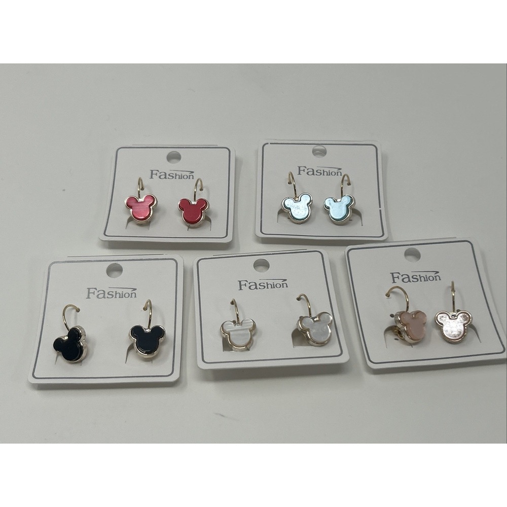 NWT Fashion 5 Pairs Mickey Head Hoop Gold Tone Earrings Enamel Red Blue Pink +